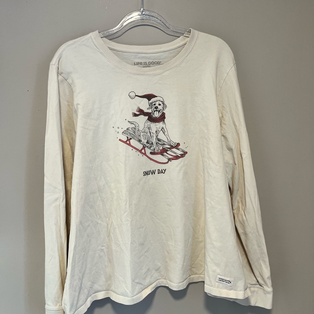 Life Is Good Sled Dog Snow Day Ivory Long Sleeve Crusher Tee 3X - Picture 2 of 6